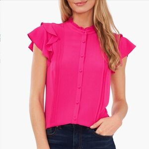 CeCe Flutter Sleeve Button Down - Bright Pink - Large